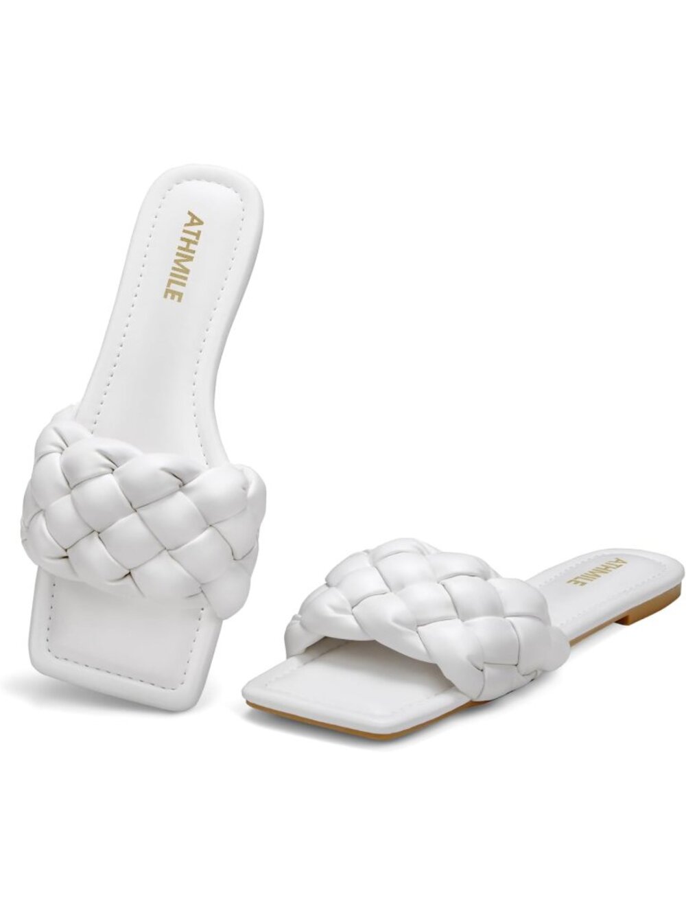 Women's White Soft Leather Braided Square Open Toe Fashion Flat Sandal Shoes